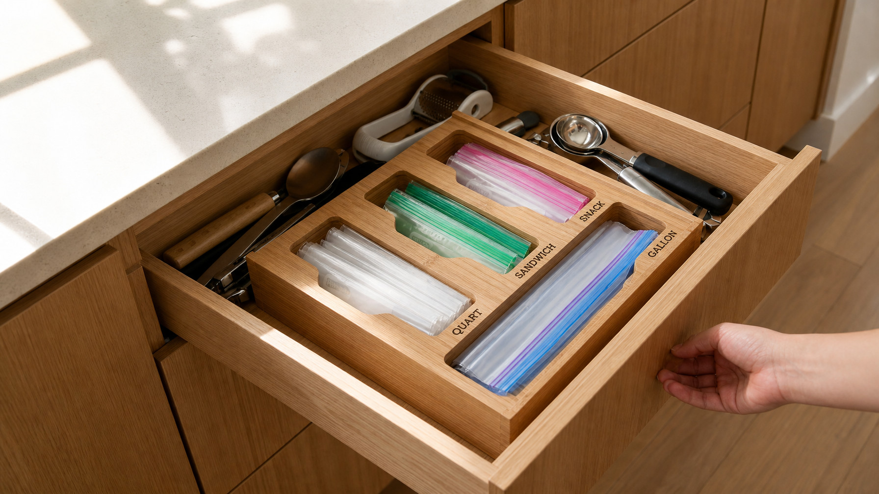 Food storage bag organizer with multiple labeled compartments