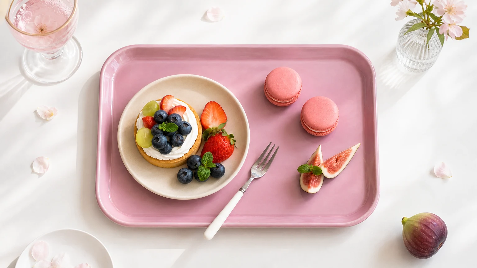 Colorful rectangular fiberglass serving tray in a bright tabletop serving scene
